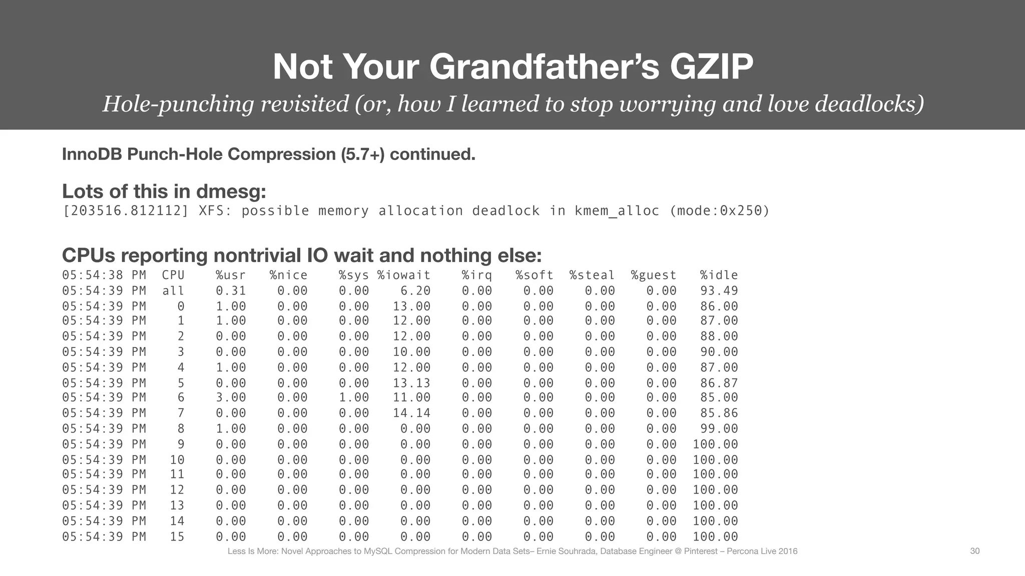 Hole-punching revisited (or, how I learned to stop worrying and love deadlocks)
Not Your Grandfather’s GZIP
30
Less Is More: Novel Approaches to MySQL Compression for Modern Data Sets– Ernie Souhrada, Database Engineer @ Pinterest – Percona Live 2016 
InnoDB Punch-Hole Compression (5.7+) continued.
Lots of this in dmesg:
[203516.812112] XFS: possible memory allocation deadlock in kmem_alloc (mode:0x250)

CPUs reporting nontrivial IO wait and nothing else:
05:54:38 PM CPU %usr %nice %sys %iowait %irq %soft %steal %guest %idle
05:54:39 PM all 0.31 0.00 0.00 6.20 0.00 0.00 0.00 0.00 93.49
05:54:39 PM 0 1.00 0.00 0.00 13.00 0.00 0.00 0.00 0.00 86.00
05:54:39 PM 1 1.00 0.00 0.00 12.00 0.00 0.00 0.00 0.00 87.00
05:54:39 PM 2 0.00 0.00 0.00 12.00 0.00 0.00 0.00 0.00 88.00
05:54:39 PM 3 0.00 0.00 0.00 10.00 0.00 0.00 0.00 0.00 90.00
05:54:39 PM 4 1.00 0.00 0.00 12.00 0.00 0.00 0.00 0.00 87.00
05:54:39 PM 5 0.00 0.00 0.00 13.13 0.00 0.00 0.00 0.00 86.87
05:54:39 PM 6 3.00 0.00 1.00 11.00 0.00 0.00 0.00 0.00 85.00
05:54:39 PM 7 0.00 0.00 0.00 14.14 0.00 0.00 0.00 0.00 85.86
05:54:39 PM 8 1.00 0.00 0.00 0.00 0.00 0.00 0.00 0.00 99.00
05:54:39 PM 9 0.00 0.00 0.00 0.00 0.00 0.00 0.00 0.00 100.00
05:54:39 PM 10 0.00 0.00 0.00 0.00 0.00 0.00 0.00 0.00 100.00
05:54:39 PM 11 0.00 0.00 0.00 0.00 0.00 0.00 0.00 0.00 100.00
05:54:39 PM 12 0.00 0.00 0.00 0.00 0.00 0.00 0.00 0.00 100.00
05:54:39 PM 13 0.00 0.00 0.00 0.00 0.00 0.00 0.00 0.00 100.00
05:54:39 PM 14 0.00 0.00 0.00 0.00 0.00 0.00 0.00 0.00 100.00
05:54:39 PM 15 0.00 0.00 0.00 0.00 0.00 0.00 0.00 0.00 100.00
 