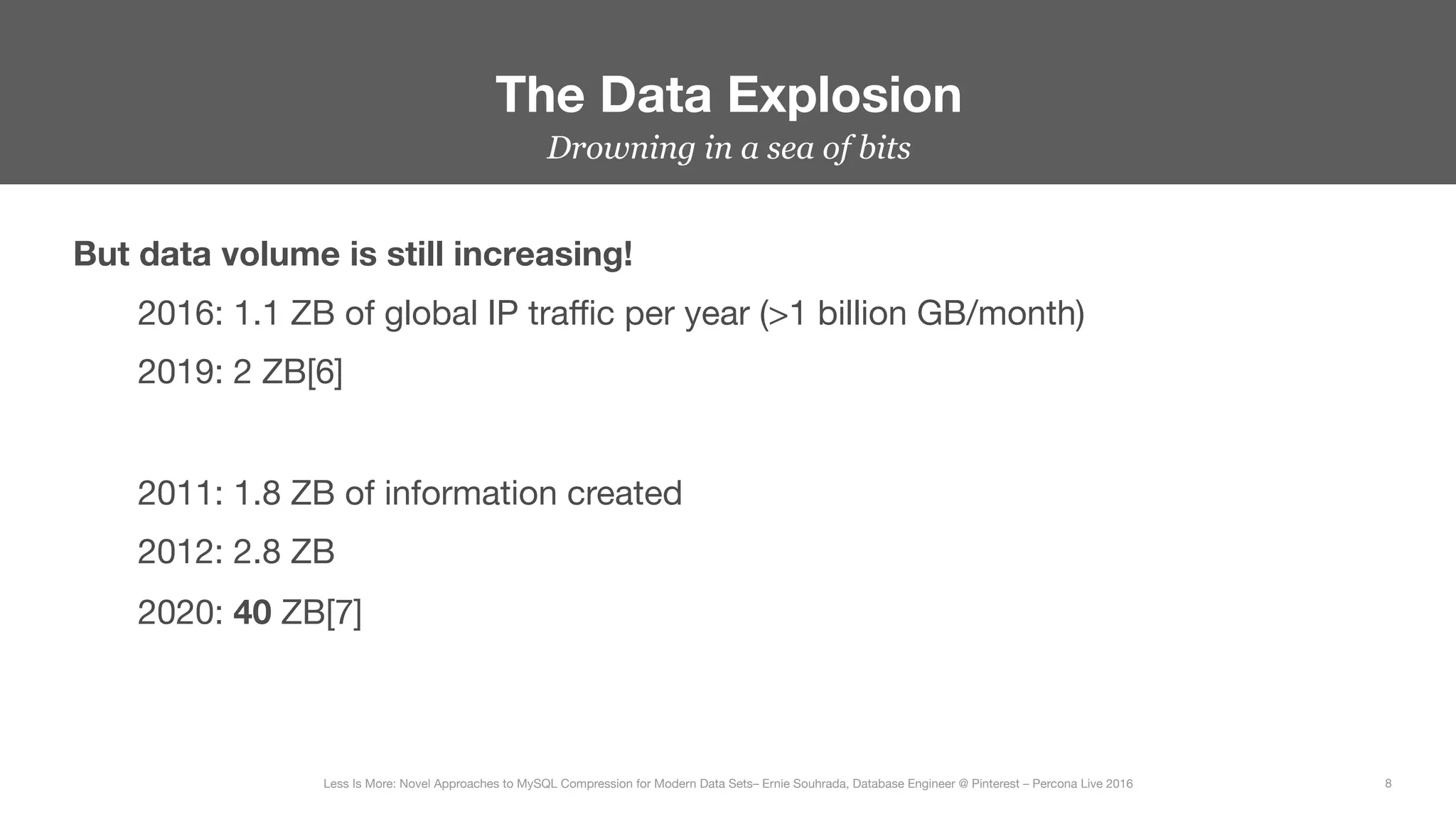 The Data Explosion
8
Less Is More: Novel Approaches to MySQL Compression for Modern Data Sets– Ernie Souhrada, Database Engineer @ Pinterest – Percona Live 2016 
Drowning in a sea of bits
But data volume is still increasing!

2016: 1.1 ZB of global IP traﬃc per year (>1 billion GB/month)

2019: 2 ZB[6]


2011: 1.8 ZB of information created

2012: 2.8 ZB

2020: 40 ZB[7]
 