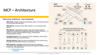Confidential - Oracle Restricted
MCP – Architecture
Copyright © 2025, Oracle and/or its affiliates
Source: Model Context Protocol -
Introduction
• Client-server architecture – main components
• MCP Hosts: Programs like Claude Desktop, IDEs, or AI tools that want
to access data through MCP
• MCP Clients: Protocol clients that maintain 1:1 connections with
servers
• MCP Servers: Lightweight programs that each expose specific
capabilities through the standardized Model Context Protocol (1…*).
Servers can also include additional logic, caching, data
transformations, others
• Local Data Sources: Your computer’s files, databases, and services
that MCP servers can securely access
• Remote Services: External systems available over the internet (e.g.,
through APIs) that MCP servers can connect to
• MCP Inspector: debugging and analysis tool for inspecting,
visualizing, and validating context passed through the Model Context
Protocol in LLM applications
 