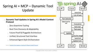 Confidential - Oracle Restricted
Spring AI + MCP – Dynamic Tool
Update
Copyright © 2025, Oracle and/or its affiliates
Source: Dynamic Tool Updates in Spring AI's Model Context Protocol
• Dynamic Tool Updates in Spring AI's Model Context
Protocol
• Zero Downtime Tooling
• Real-Time Discovery & Adaptability
• Future-Proof & Pluggable Architecture
• Unified, Structured Tool Interface
• Enhanced Agent-Style Orchestration
 