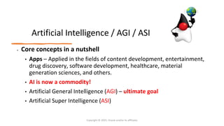 Confidential - Oracle Restricted
Artificial Intelligence / AGI / ASI
• Core concepts in a nutshell
• Apps – Applied in the fields of content development, entertainment,
drug discovery, software development, healthcare, material
generation sciences, and others.
• AI is now a commodity!
• Artificial General Intelligence (AGI) – ultimate goal
• Artificial Super Intelligence (ASI)
Copyright © 2025, Oracle and/or its affiliates
 