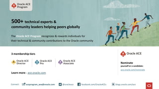 3 membership tiers
Connect: @oracleace facebook.com/OracleACEs
aceprogram_ww@oracle.com
500+ technical experts &
community leaders helping peers globally
The Oracle ACE Program recognizes & rewards individuals for
their technical & community contributions to the Oracle community
Nominate
yourself or a candidate:
ace.oracle.com/nominate
Learn more - ace.oracle.com
blogs.oracle.com/ace
 