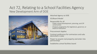 Act 72, Relating to a School Facilities Agency
New Development Arm of DOE
Attached Agency to DOE
ED/Board Model
Responsible for all
◦ Public school development, planning, and CIP
construction
◦ Projects assigned by the legislature, governor, or
board of education
Procurement Applies
Contract preference for contractors and subs
domiciled in state
Power to acquire real property and enter into
partnerships
Establishes school facilities board
 