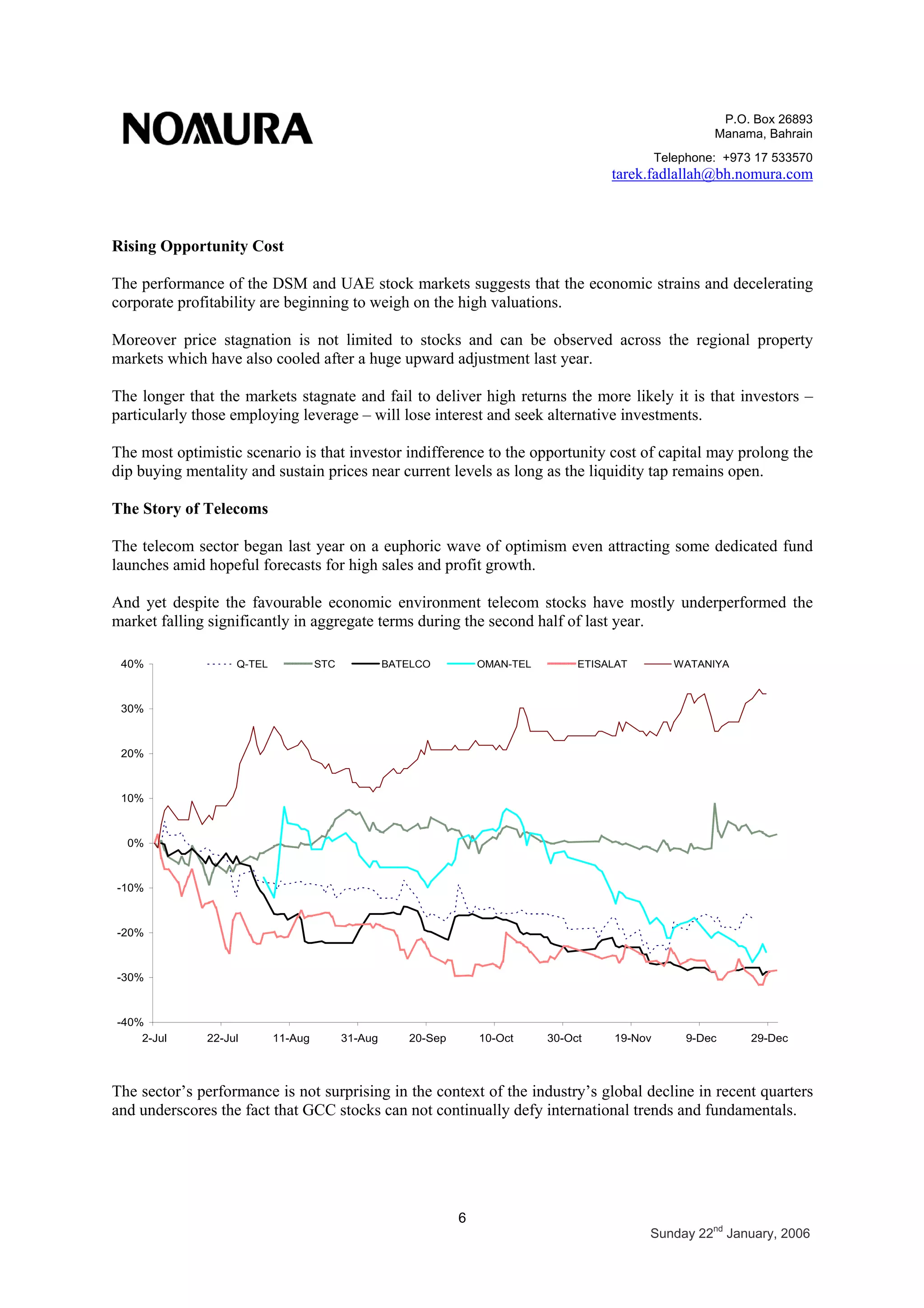 P.O. Box 26893
Manama, Bahrain
Telephone: +973 17 533570
tarek.fadlallah@bh.nomura.com
6
Sunday 22nd
January, 2006
Rising Opportunity Cost
The performance of the DSM and UAE stock markets suggests that the economic strains and decelerating
corporate profitability are beginning to weigh on the high valuations.
Moreover price stagnation is not limited to stocks and can be observed across the regional property
markets which have also cooled after a huge upward adjustment last year.
The longer that the markets stagnate and fail to deliver high returns the more likely it is that investors –
particularly those employing leverage – will lose interest and seek alternative investments.
The most optimistic scenario is that investor indifference to the opportunity cost of capital may prolong the
dip buying mentality and sustain prices near current levels as long as the liquidity tap remains open.
The Story of Telecoms
The telecom sector began last year on a euphoric wave of optimism even attracting some dedicated fund
launches amid hopeful forecasts for high sales and profit growth.
And yet despite the favourable economic environment telecom stocks have mostly underperformed the
market falling significantly in aggregate terms during the second half of last year.
-40%
-30%
-20%
-10%
0%
10%
20%
30%
40%
2-Jul 22-Jul 11-Aug 31-Aug 20-Sep 10-Oct 30-Oct 19-Nov 9-Dec 29-Dec
Q-TEL STC BATELCO OMAN-TEL ETISALAT WATANIYA
The sector’s performance is not surprising in the context of the industry’s global decline in recent quarters
and underscores the fact that GCC stocks can not continually defy international trends and fundamentals.
 