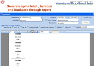 Generate spine lebel , barcode and bookcard through report 