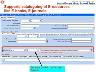 Supports cataloguing of E-resources like E-books, E-journals Put here the URL of full text E-book 