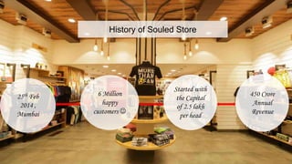 25th Feb
2014 ,
Mumbai
6 Million
happy
customers 
Started with
the Capital
of 2.5 lakh
per head
450 Crore
Annual
Revenue
History of Souled Store
 