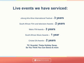 Joburg Arts Alive International Festival – 3 years
South African Film and television Awards – 2 years
Metro FM Awards – 3 years
South African Music Awards – 1 year
Cricket SA Awards – 2 years
TV: Scandal, Thebe Holiday Swap,
So You Think You Can Dance & more
 