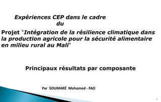 1
Projet "Intégration de la résilience climatique dans
la production agricole pour la sécurité alimentaire
en milieu rural au Mali"
Principaux résultats par composante
Expériences CEP dans le cadre
du
Par SOUMARÉ Mohamed - FAO
 