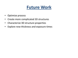 Future Work
• Optimize process
• Create more complicated 3D structures
• Characterize 3D structure properties
• Explore new thickness and exposure times
 