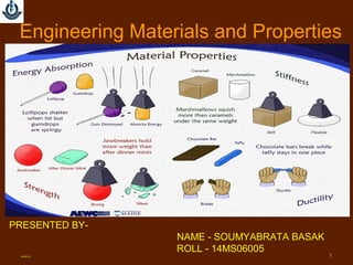 PRESENTED BY-
NAME - SOUMYABRATA BASAK
ROLL - 14MS06005
08/22/14 1
Engineering Materials and Properties
 