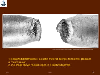 (c)2003 Brooks/Cole, a division of Thomson Learning, Inc. Thomson Learning™ is a trademark used herein under license.
1. Localized deformation of a ductile material during a tensile test produces
a necked region.
2.The image shows necked region in a fractured sample
08/22/14 SMMME 13
 