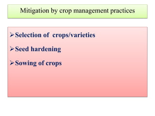 Mitigation by crop management practices
Selection of crops/varieties
Seed hardening
Sowing of crops
 