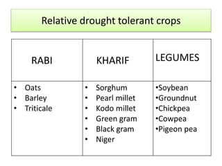 Relative drought tolerant crops
RABI KHARIF LEGUMES
• Oats
• Barley
• Triticale
• Sorghum
• Pearl millet
• Kodo millet
• Green gram
• Black gram
• Niger
•Soybean
•Groundnut
•Chickpea
•Cowpea
•Pigeon pea
 