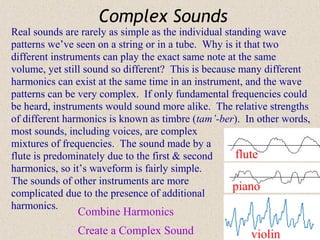 Complex Sounds
Real sounds are rarely as simple as the individual standing wave
patterns we’ve seen on a string or in a tube. Why is it that two
different instruments can play the exact same note at the same
volume, yet still sound so different? This is because many different
harmonics can exist at the same time in an instrument, and the wave
patterns can be very complex. If only fundamental frequencies could
be heard, instruments would sound more alike. The relative strengths
of different harmonics is known as timbre (tam’-ber). In other words,
most sounds, including voices, are complex
mixtures of frequencies. The sound made by a
flute is predominately due to the first & second      flute
harmonics, so it’s waveform is fairly simple.
The sounds of other instruments are more
                                                     piano
complicated due to the presence of additional
harmonics.
               Combine Harmonics
               Create a Complex Sound                  violin
 