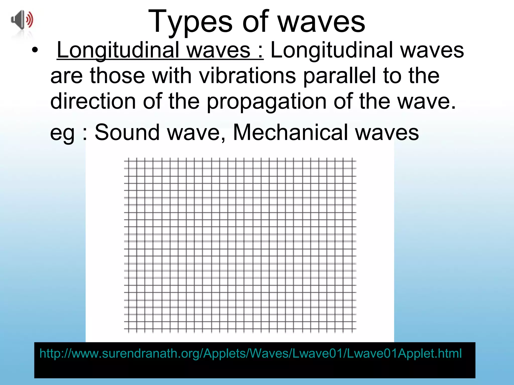 Types of waves
• Longitudinal waves : Longitudinal waves
are those with vibrations parallel to the
direction of the propagation of the wave.
eg : Sound wave, Mechanical waves
http://www.surendranath.org/Applets/Waves/Lwave01/Lwave01Applet.html
 