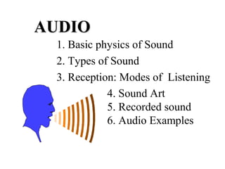 AUDIO
1. Basic physics of Sound
2. Types of Sound
3. Reception: Modes of Listening
4. Sound Art
5. Recorded sound
6. Audio Examples

 