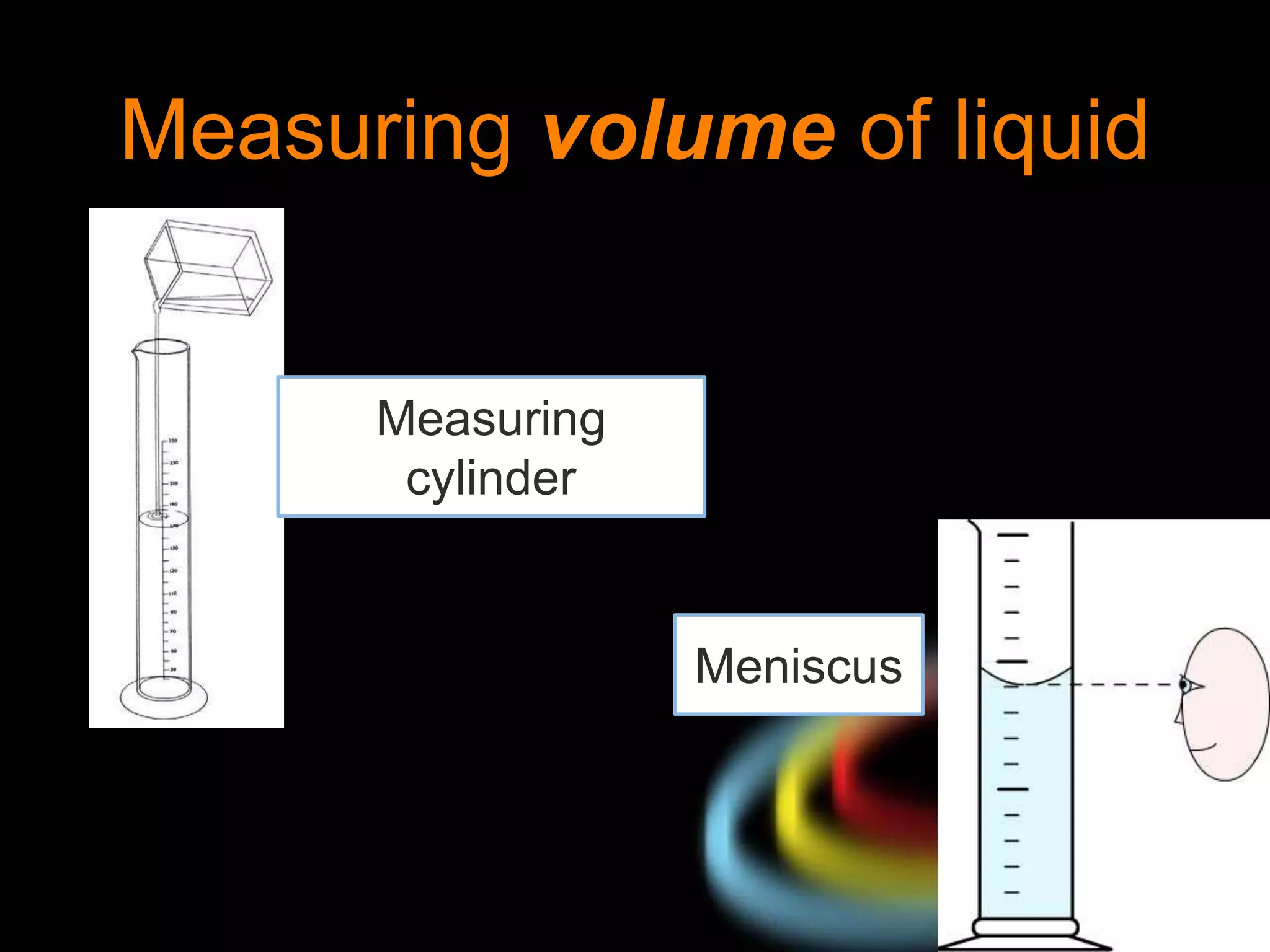 your name
Measuring volume of liquid
Meniscus
Measuring
cylinder
 