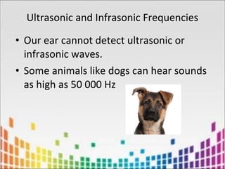 • Our ear cannot detect ultrasonic or
infrasonic waves.
• Some animals like dogs can hear sounds
as high as 50 000 Hz
Ultrasonic and Infrasonic Frequencies
 