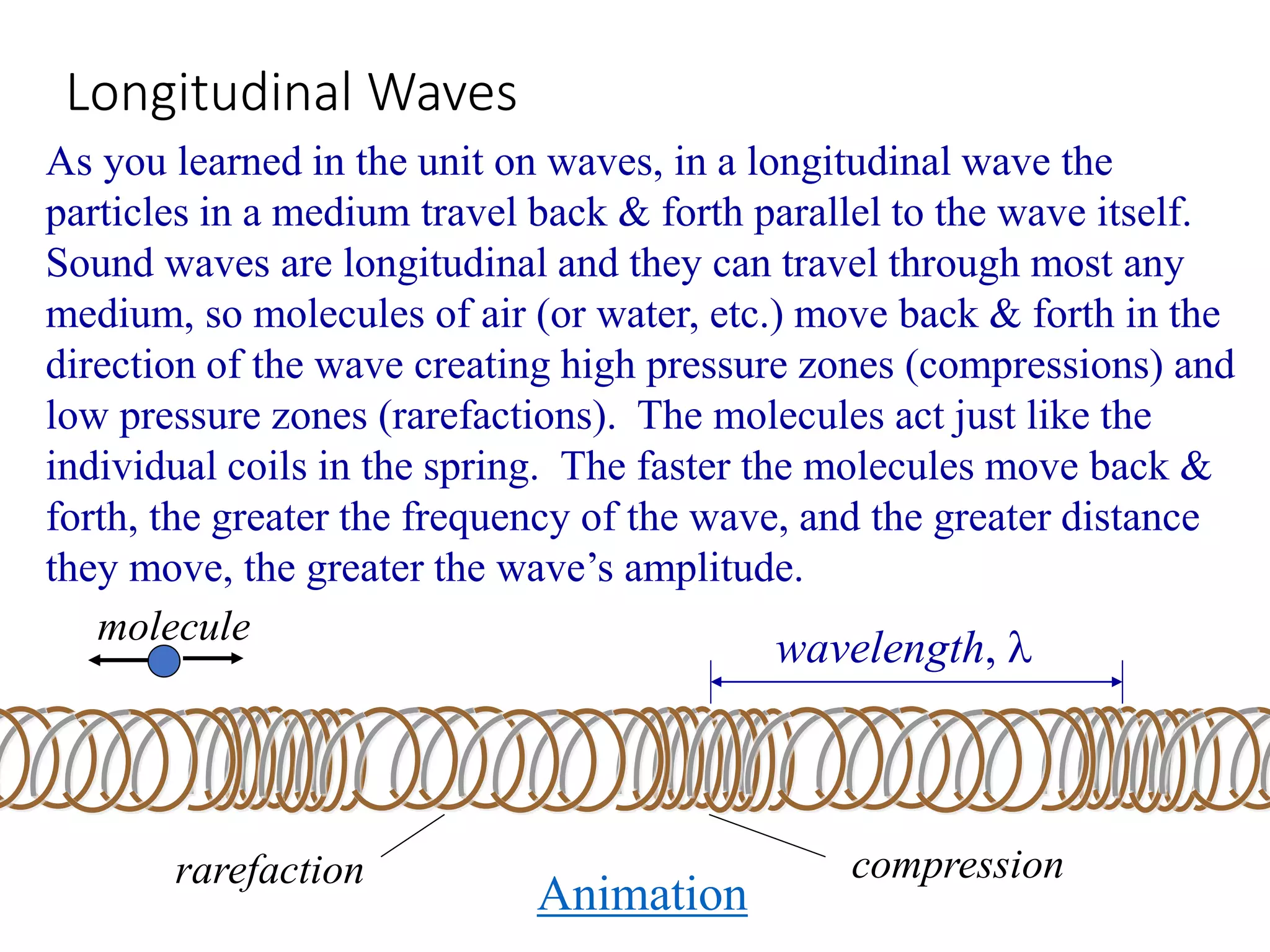 Longitudinal Waves
As you learned in the unit on waves, in a longitudinal wave the
particles in a medium travel back & forth parallel to the wave itself.
Sound waves are longitudinal and they can travel through most any
medium, so molecules of air (or water, etc.) move back & forth in the
direction of the wave creating high pressure zones (compressions) and
low pressure zones (rarefactions). The molecules act just like the
individual coils in the spring. The faster the molecules move back &
forth, the greater the frequency of the wave, and the greater distance
they move, the greater the wave’s amplitude.
wavelength, 
Animation
rarefaction compression
molecule
 