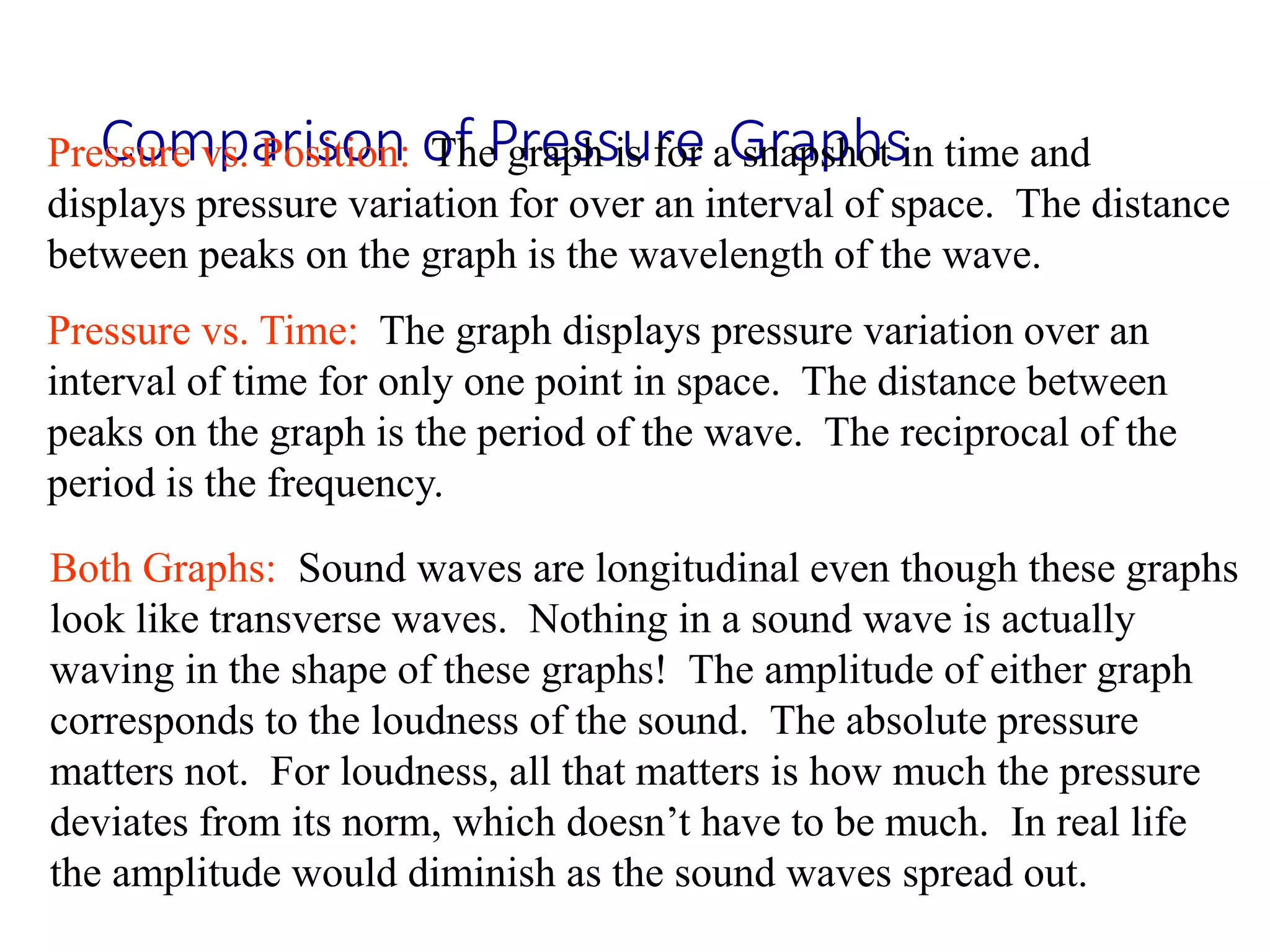 Comparison of Pressure GraphsPressure vs. Position: The graph is for a snapshot in time and
displays pressure variation for over an interval of space. The distance
between peaks on the graph is the wavelength of the wave.
Pressure vs. Time: The graph displays pressure variation over an
interval of time for only one point in space. The distance between
peaks on the graph is the period of the wave. The reciprocal of the
period is the frequency.
Both Graphs: Sound waves are longitudinal even though these graphs
look like transverse waves. Nothing in a sound wave is actually
waving in the shape of these graphs! The amplitude of either graph
corresponds to the loudness of the sound. The absolute pressure
matters not. For loudness, all that matters is how much the pressure
deviates from its norm, which doesn’t have to be much. In real life
the amplitude would diminish as the sound waves spread out.
 