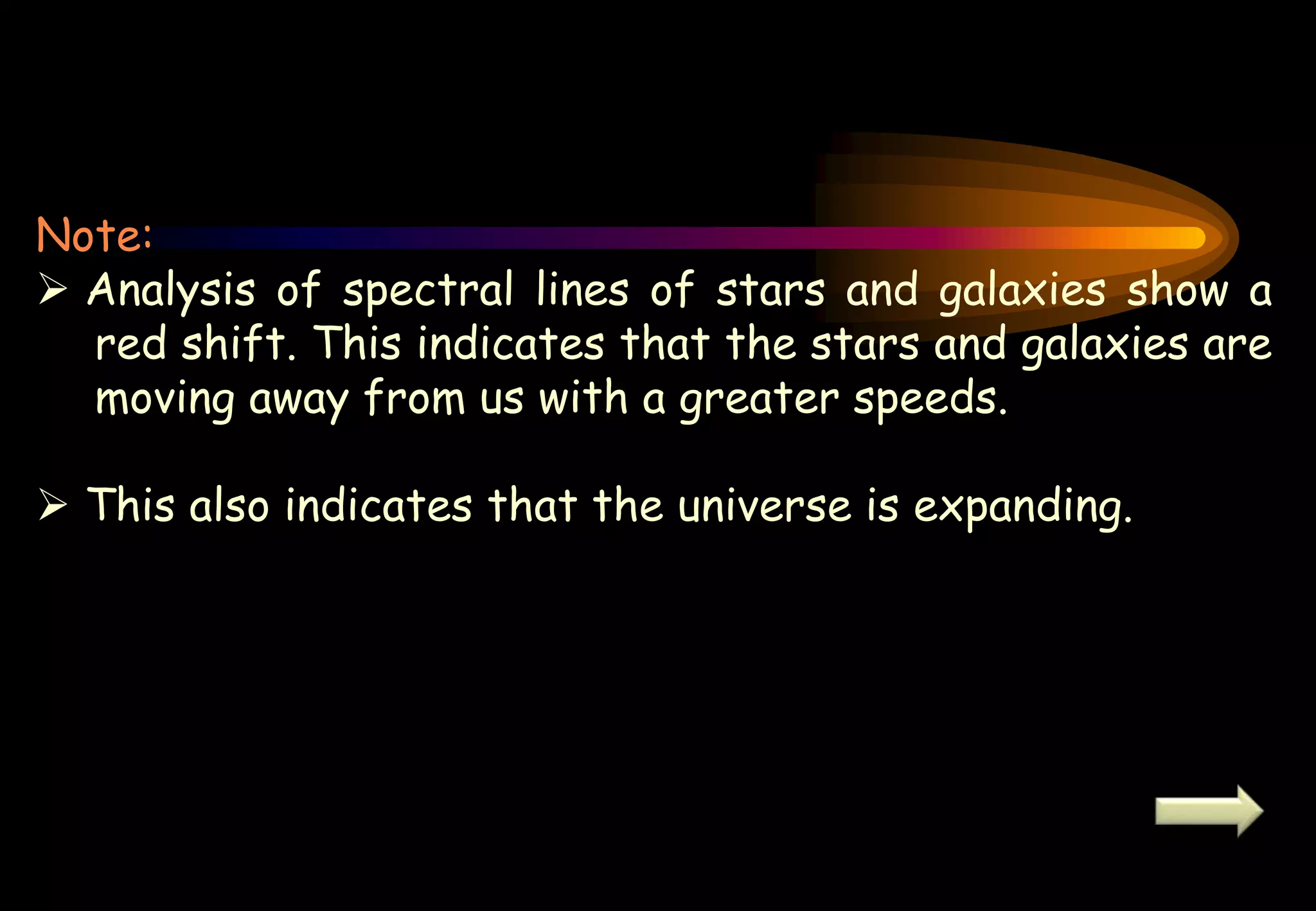 Note:
 Analysis of spectral lines of stars and galaxies show a
red shift. This indicates that the stars and galaxies are
moving away from us with a greater speeds.
 This also indicates that the universe is expanding.
 
