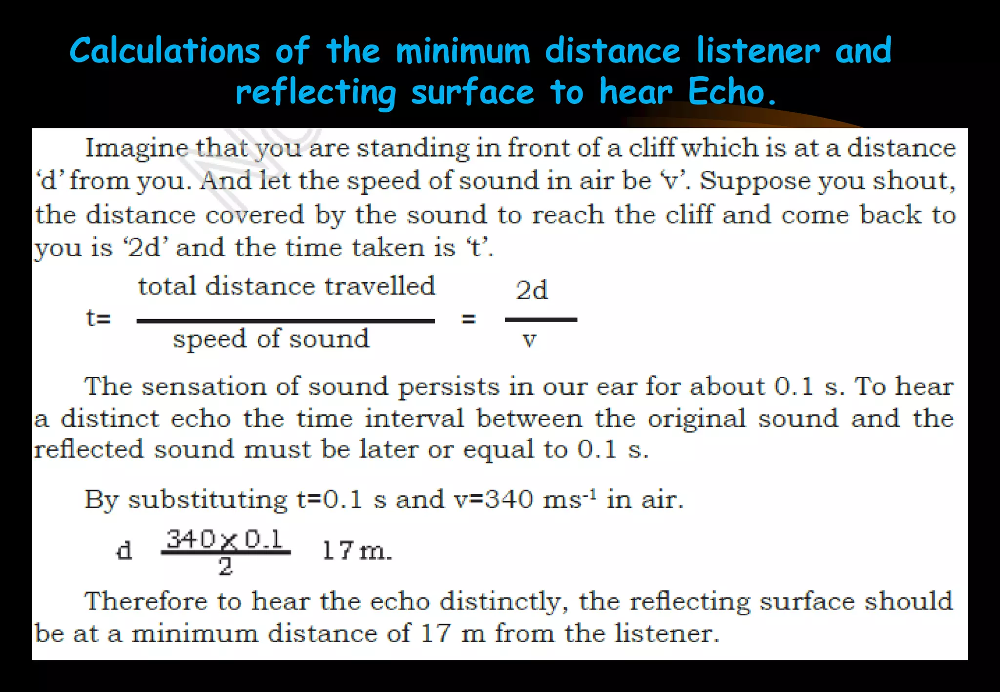 Calculations of the minimum distance listener and
reflecting surface to hear Echo.
 