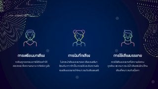 กำรเตรียมบทเสียง
จะต้องถูกออกแบบการใช้ถ้อยคาให้
สละสลวย สื่อความหมาย กะทัดรัด จูงใจ
กำรใช้เสียงบรรยำย
ควรใช้เสียงบรรยายที่มีความชัดเจน
ถูกต้อง และเหมาะสม มีน้าเสียงแจ่มใส มีโทน
เสียงที่เหมาะสมกับเนื้อหา
กำรบันทึกเสียง
ไม่ควรนาเสียงบรรยายและเสียงดนตรีมา
ซ้อนกัน หากจาเป็น ควรปรับระดับความดัง
ของเสียงบรรยายให้เหมาะสมกับเสียงดนตรี
 