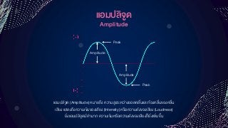 แอมปลิจูด
Amplitude
แอมปลิจูด (Amplitude) หมายถึง ความสูงระหว่างยอดคลื่นและท้องคลื่นของคลื่น
เสียง แสดงถึงความเข้มของเสียง (Intensity) หรือความดังของเสียง (Loudness)
ยิ่งแอมปลิจูดมีค่ามาก ความเข้มหรือความดังของเสียงก็ยิ่งเพิ่มขึ้น
Amplitude
Amplitude
Peak
Peak
 