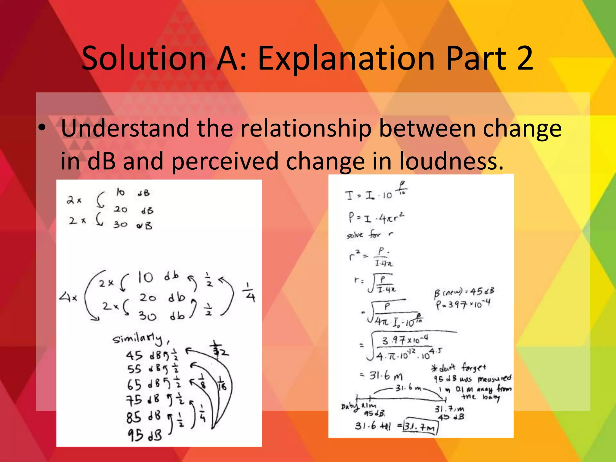 Solution A: Explanation Part 2
• Understand the relationship between change
in dB and perceived change in loudness.
 