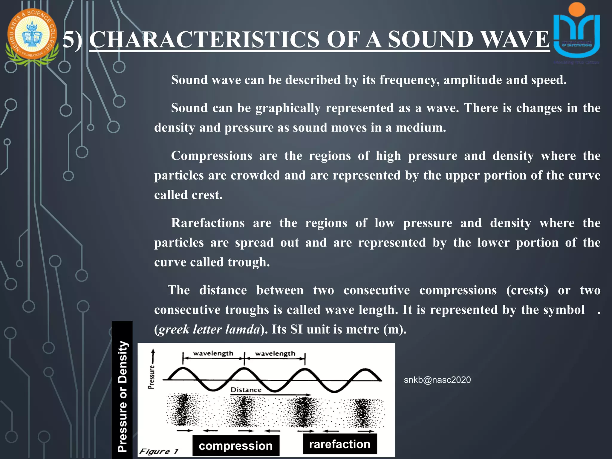 5) CHARACTERISTICS OF A SOUND WAVE
Sound wave can be described by its frequency, amplitude and speed.
Sound can be graphically represented as a wave. There is changes in the
density and pressure as sound moves in a medium.
Compressions are the regions of high pressure and density where the
particles are crowded and are represented by the upper portion of the curve
called crest.
Rarefactions are the regions of low pressure and density where the
particles are spread out and are represented by the lower portion of the
curve called trough.
The distance between two consecutive compressions (crests) or two
consecutive troughs is called wave length. It is represented by the symbol .
(greek letter lamda). Its SI unit is metre (m).
compression rarefaction
PressureorDensity
snkb@nasc2020
 