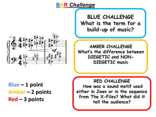 BAR Challenge
BLUE CHALLENGE
What is the term for a
build-up of music?
AMBER CHALLENGE
What’s the difference between
DIEGETIC and NON-
DIEGETIC music
RED CHALLENGE
How was a sound motif used
either in Jaws or in the sequence
from The X-Files? What did it
tell the audience?
Blue – 1 point
Amber – 2 points
Red – 3 points
 