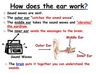 How does the ear work?
Sound Waves
 Sound waves are sent.
 The outer ear “catches the sound waves”.
 The middle ear takes the sound waves and “vibrates”
the eardrum.
 The inner ear sends the messages to the brain.
Middle Ear
Inner Ear
 The brain puts it together you can understand the
sounds.
Outer Ear
 