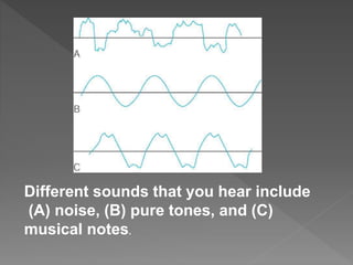 Different sounds that you hear include
(A) noise, (B) pure tones, and (C)
musical notes.
 