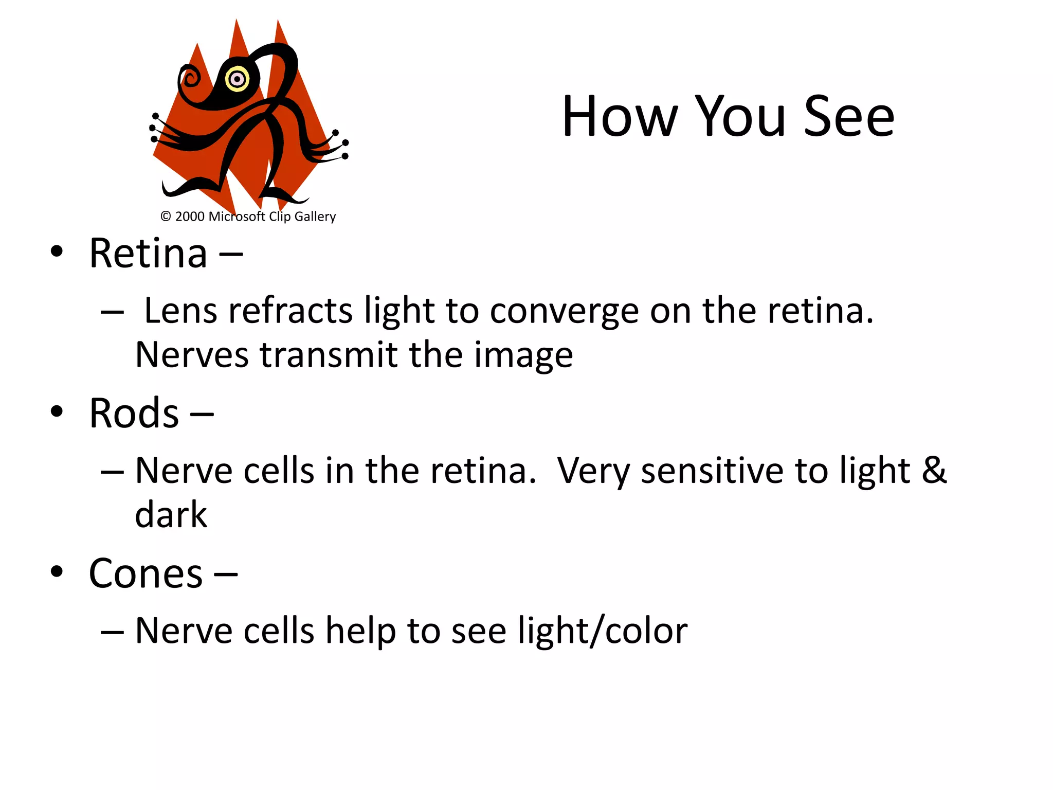 How You See
     © 2000 Microsoft Clip Gallery


• Retina –
  – Lens refracts light to converge on the retina.
    Nerves transmit the image
• Rods –
  – Nerve cells in the retina. Very sensitive to light &
    dark
• Cones –
  – Nerve cells help to see light/color
 