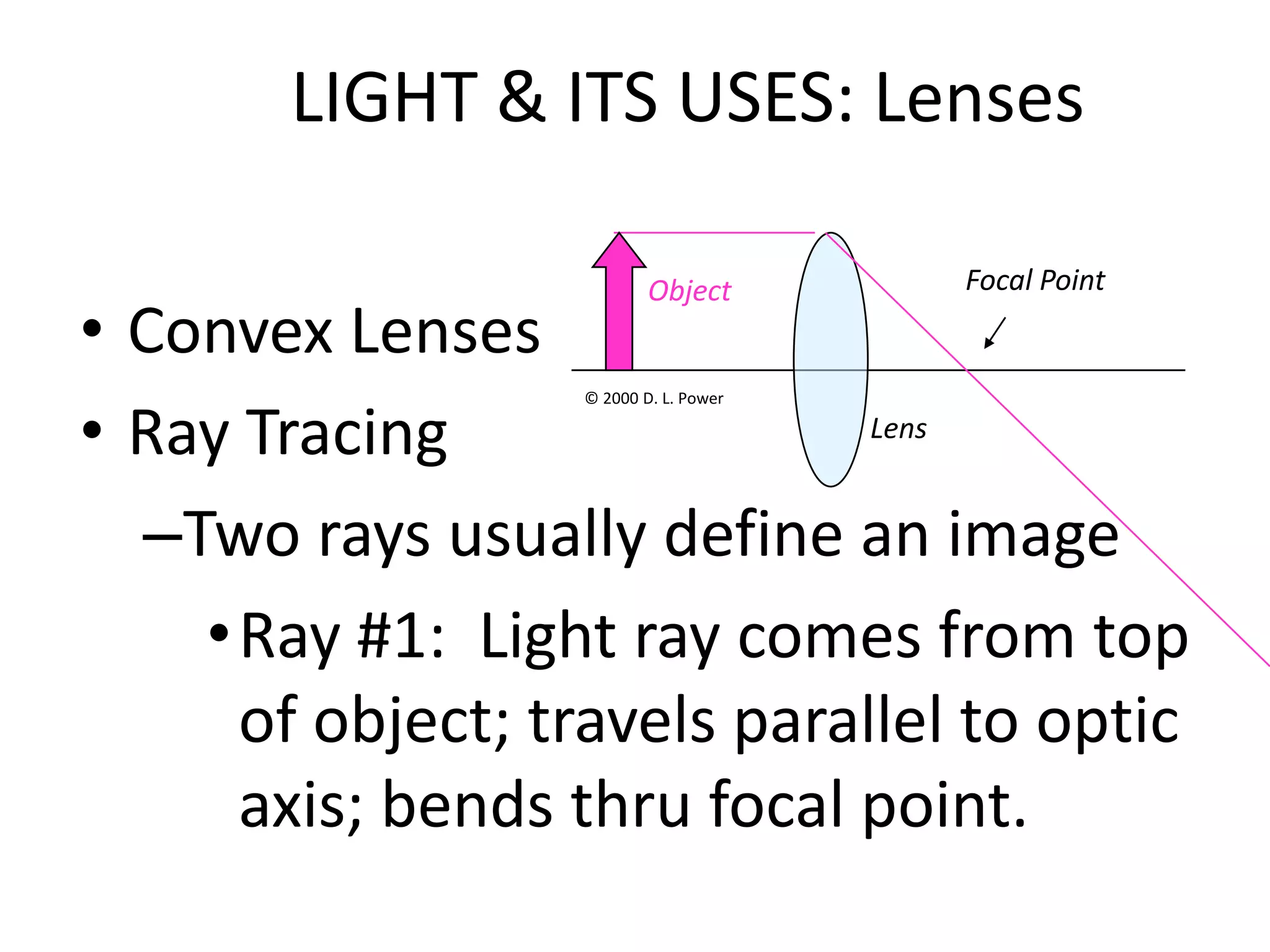 LIGHT & ITS USES: Lenses

                           Object       Focal Point
• Convex Lenses
• Ray Tracing
                   © 2000 D. L. Power
                              Lens


  –Two rays usually define an image
    • Ray #1: Light ray comes from top
      of object; travels parallel to optic
      axis; bends thru focal point.
 