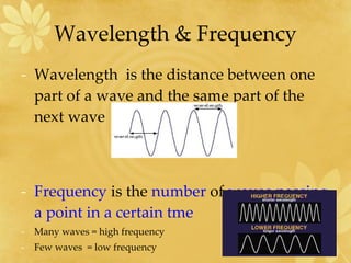 Wavelength & Frequency Wavelength  is the distance between one part of a wave and the same part of the next wave Frequency  is the  number  of  waves passing a point in a certain tme Many waves = high frequency Few waves  = low frequency 