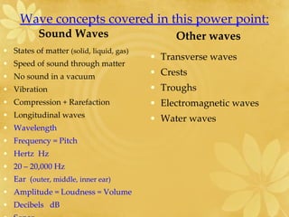 Wave concepts covered in this power point: Sound Waves States of matter  (solid, liquid, gas) Speed of sound through matter No sound in a vacuum Vibration Compression + Rarefaction Longitudinal waves Wavelength Frequency = Pitch Hertz  Hz 20 – 20,000 Hz  Ear  ( outer, middle, inner ear) Amplitude = Loudness = Volume Decibels  dB Sonar Ultrasound, infrasound Other waves Transverse waves Crests Troughs Electromagnetic waves Water waves 