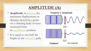 AMPLITUDE (A)
• Amplitude, in physics, the
maximum displacement or
distance moved by a point
on a vibrating body or wave
measured from
its equilibrium position.
• It is equal to one-half the
length of the vibration path.
 