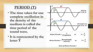 PERIOD (T)
• The time taken for one
complete oscillation in
the density of the
medium is called the
time period of the
sound wave.
• It is represented by the
letter T
 