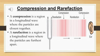 Compression and Rarefaction
• A compression is a region
in a longitudinal wave
where the particles are
closest together.
• A rarefaction is a region in
a longitudinal wave where
the particles are furthest
apart.
 