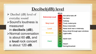 Decibel(dB) level
 Decibel (dB) level of
everyday sound
Sound's loudness is
measured
in decibels (dB).
Normal conversation
is about 60 dB, and
a loud rock concert
is about 120 dB.
 