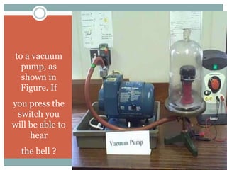 to a vacuum
pump, as
shown in
Figure. If
you press the
switch you
will be able to
hear
the bell ?
 