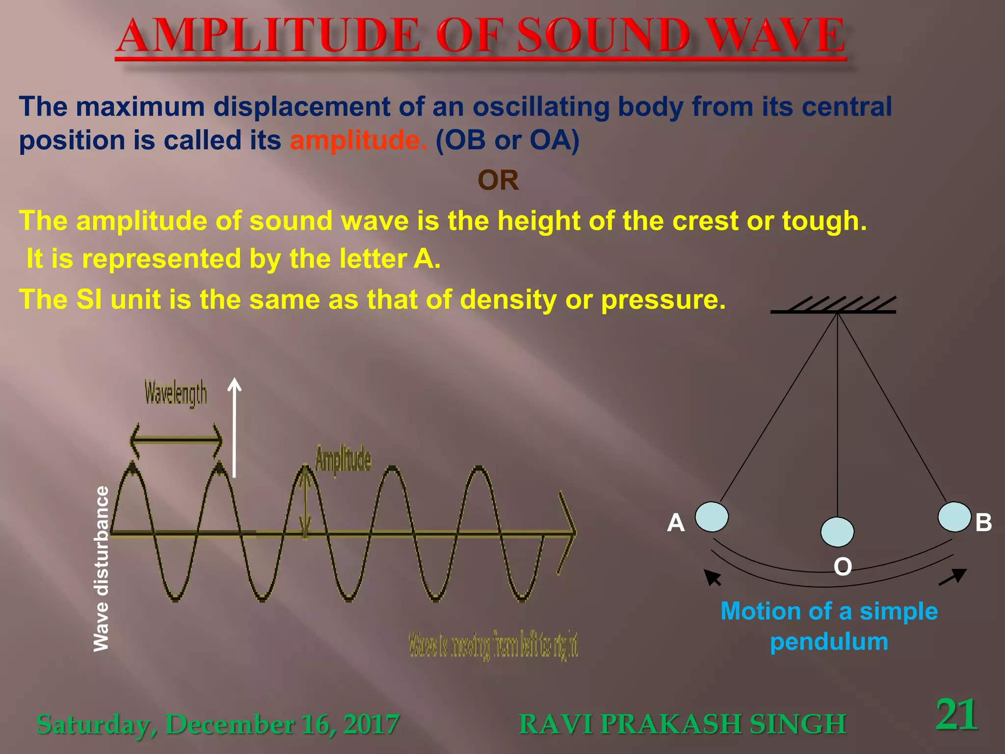 The maximum displacement of an oscillating body from its central
position is called its amplitude. (OB or OA)
OR
The amplitude of sound wave is the height of the crest or tough.
It is represented by the letter A.
The SI unit is the same as that of density or pressure.
Wavedisturbance
Saturday, December 16, 2017 RAVI PRAKASH SINGH 21
A B
O
Motion of a simple
pendulum
 