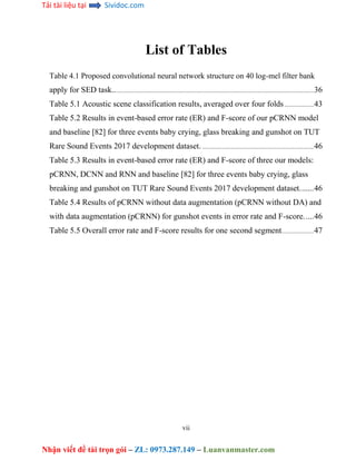 Tải tài liệu tại Sividoc.com
Nhận viết đề tài trọn gói – ZL: 0973.287.149 – Luanvanmaster.com
List of Tables
Table 4.1 Proposed convolutional neural network structure on 40 log-mel filter bank
apply for SED task.........................................................................................................................................36
Table 5.1 Acoustic scene classification results, averaged over four folds....................43
Table 5.2 Results in event-based error rate (ER) and F-score of our pCRNN model
and baseline [82] for three events baby crying, glass breaking and gunshot on TUT
Rare Sound Events 2017 development dataset. ............................................................................46
Table 5.3 Results in event-based error rate (ER) and F-score of three our models:
pCRNN, DCNN and RNN and baseline [82] for three events baby crying, glass
breaking and gunshot on TUT Rare Sound Events 2017 development dataset.......46
Table 5.4 Results of pCRNN without data augmentation (pCRNN without DA) and
with data augmentation (pCRNN) for gunshot events in error rate and F-score.....46
Table 5.5 Overall error rate and F-score results for one second segment......................47
vii
 