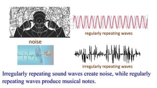 Irregularly repeating sound waves create noise, while regularly
repeating waves produce musical notes.
regularly repeating waves
irregularly repeating waves
noise
 
