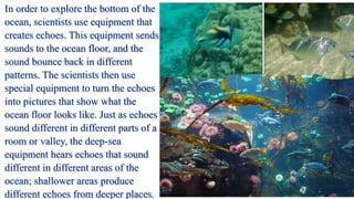 In order to explore the bottom of the
ocean, scientists use equipment that
creates echoes. This equipment sends
sounds to the ocean floor, and the
sound bounce back in different
patterns. The scientists then use
special equipment to turn the echoes
into pictures that show what the
ocean floor looks like. Just as echoes
sound different in different parts of a
room or valley, the deep-sea
equipment hears echoes that sound
different in different areas of the
ocean; shallower areas produce
different echoes from deeper places.
 