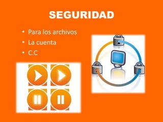 SEGURIDAD
• Para los archivos
• La cuenta
• C.C