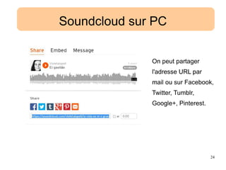 24
Soundcloud sur PC
On peut partager
l'adresse URL par
mail ou sur Facebook,
Twitter, Tumblr,
Google+, Pinterest.
 