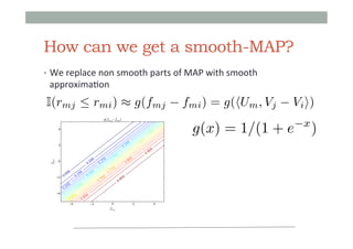 How can we get a smooth-MAP?
•  We	
  replace	
  non	
  smooth	
  parts	
  of	
  MAP	
  with	
  smooth	
  

approxima=on	
  

I(rmj  rmi ) ⇡ g(fmj

fmi ) = g(hUm , Vj

Vi i)

g(x) = 1/(1 + e

x

)

 